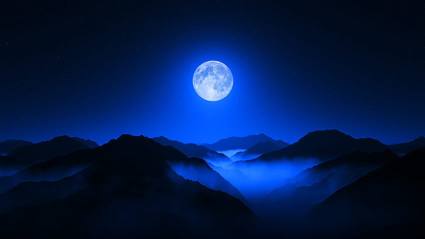 Twilight Moon, Valley, Mountain range, Night sky, Foggy, Silhouette, Aerial view, » , Ultra, mountain at night HD wallpaper