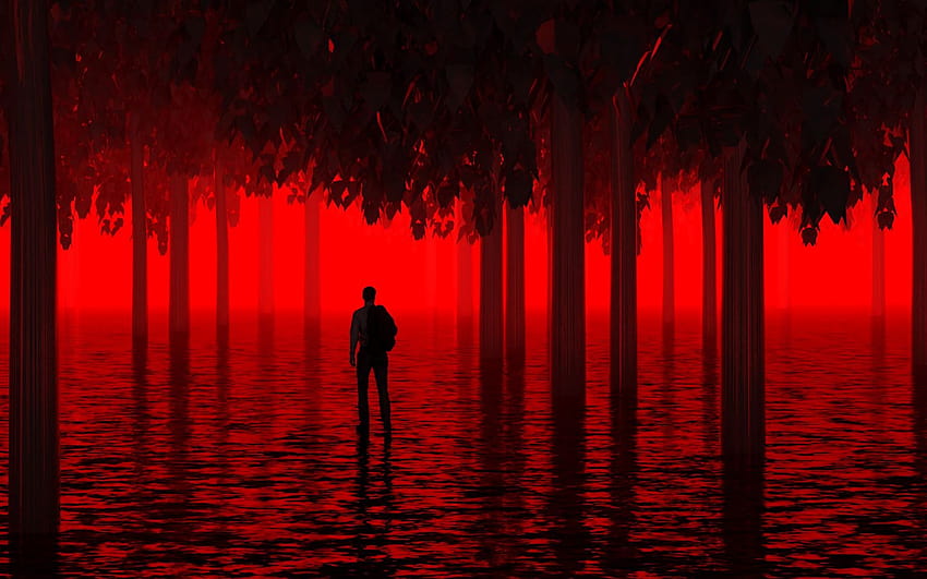 1440x900 water, trees, man, red, neon, light, flooded 16:10 backgrounds, neon trees HD wallpaper