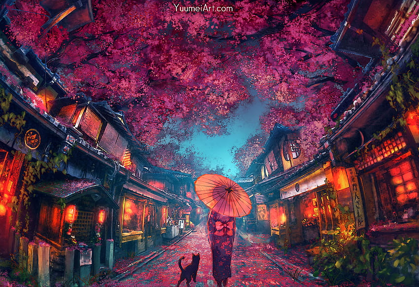 Alacakaranlıkta Sakura Ağaçları ile Şehir Sokağında Anime Kız, sakura sokağı HD duvar kağıdı