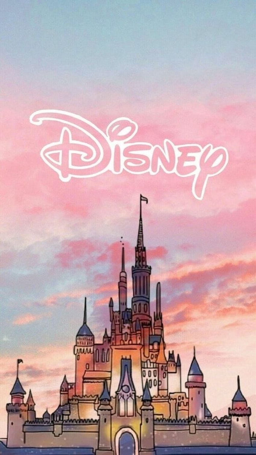 ディズニーキャッスルの絵、ピンクとブルーの空、かわいい電話、ピンクの城 HD電話の壁紙