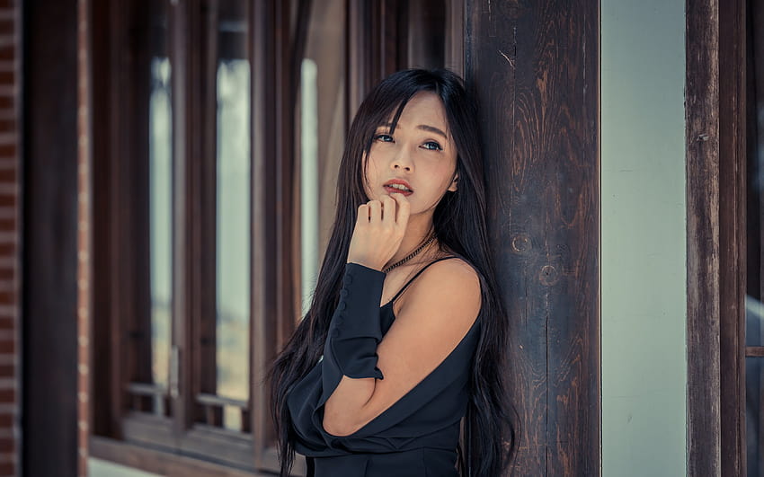 Dark hair, leaning, black dress, woman model, Asian , 3840x2400, Ultra 16:10, , dark beauty girl HD wallpaper