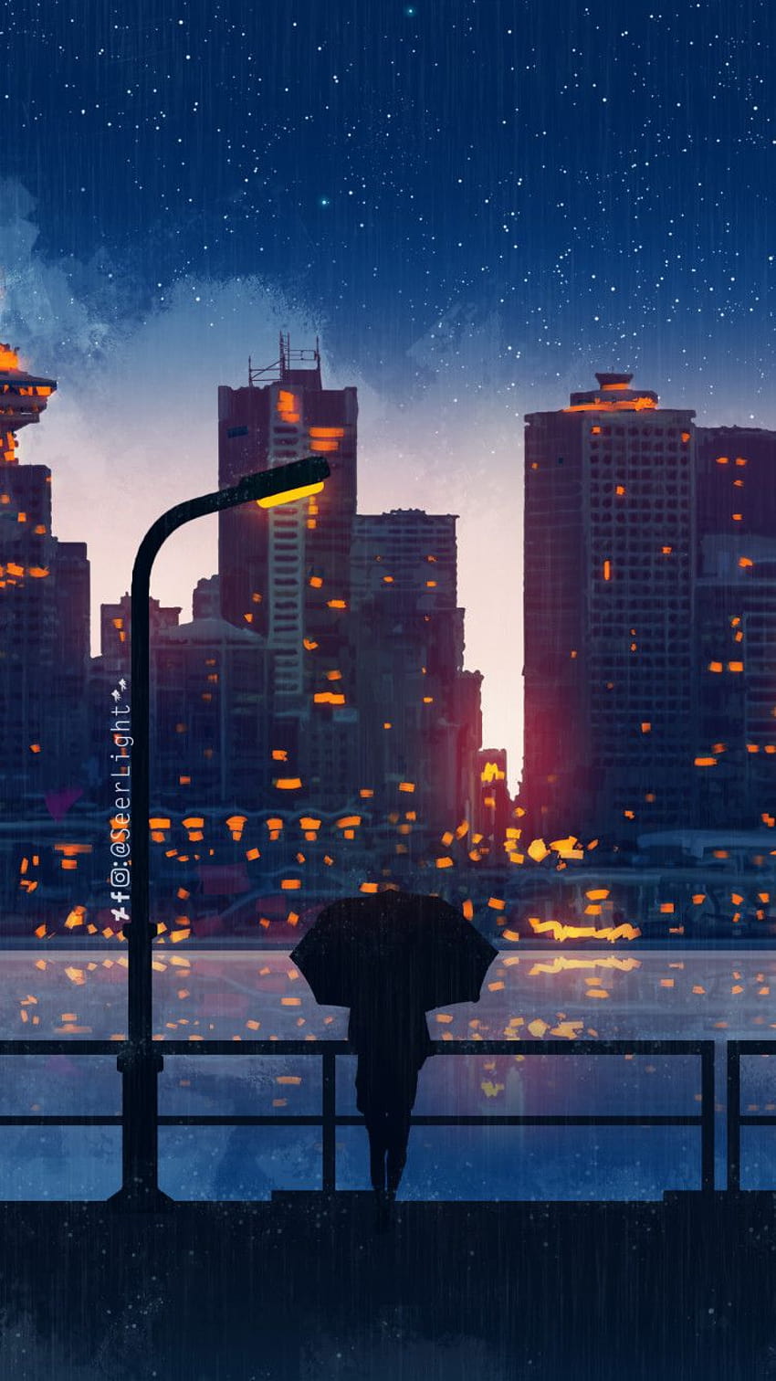 750x1334 Anime City Lights Night Rain Umbrella Sky iPhone 6, aesthetic city at night HD phone wallpaper