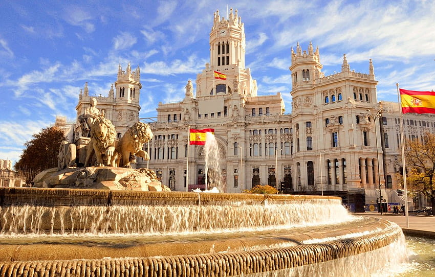дом, флаг, фонтан, Испания, Мадрид , раздел город, мадрид испания HD тапет
