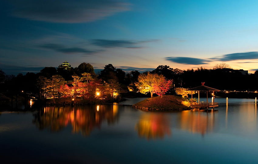 ağaçlar, gece, ışıklar, gölet, park, japonya, bahçe, gazebo, çardak göleti HD duvar kağıdı