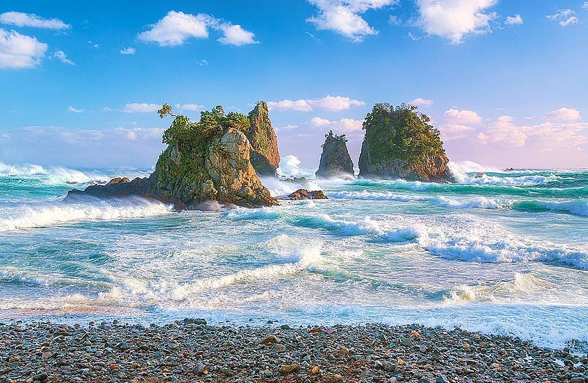 Ocean Sea Islets Japan Ombak Awan Minokakeiwa Rocks Light, sore Wallpaper HD