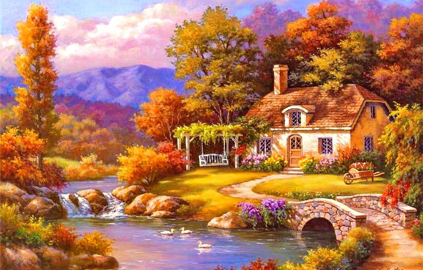 autumn, house, river, painting, painting, Sung Kim , section живопись, autumn houses HD wallpaper