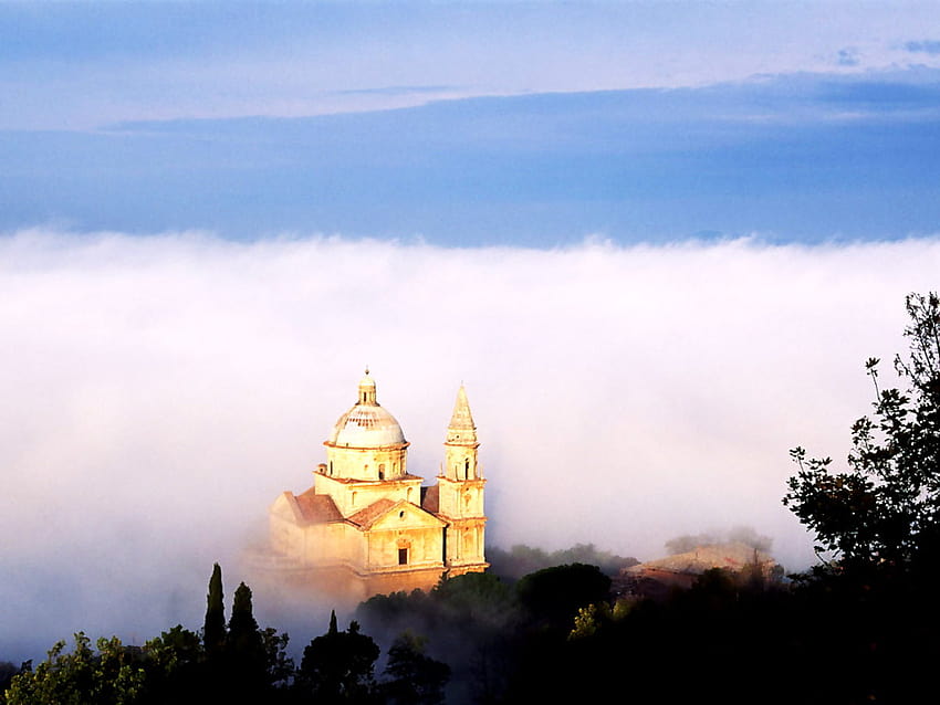 Church, Fog, Clouds HD wallpaper