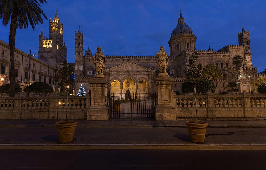 night, Italy, Cathedral, Sicily, Palermo for HD wallpaper