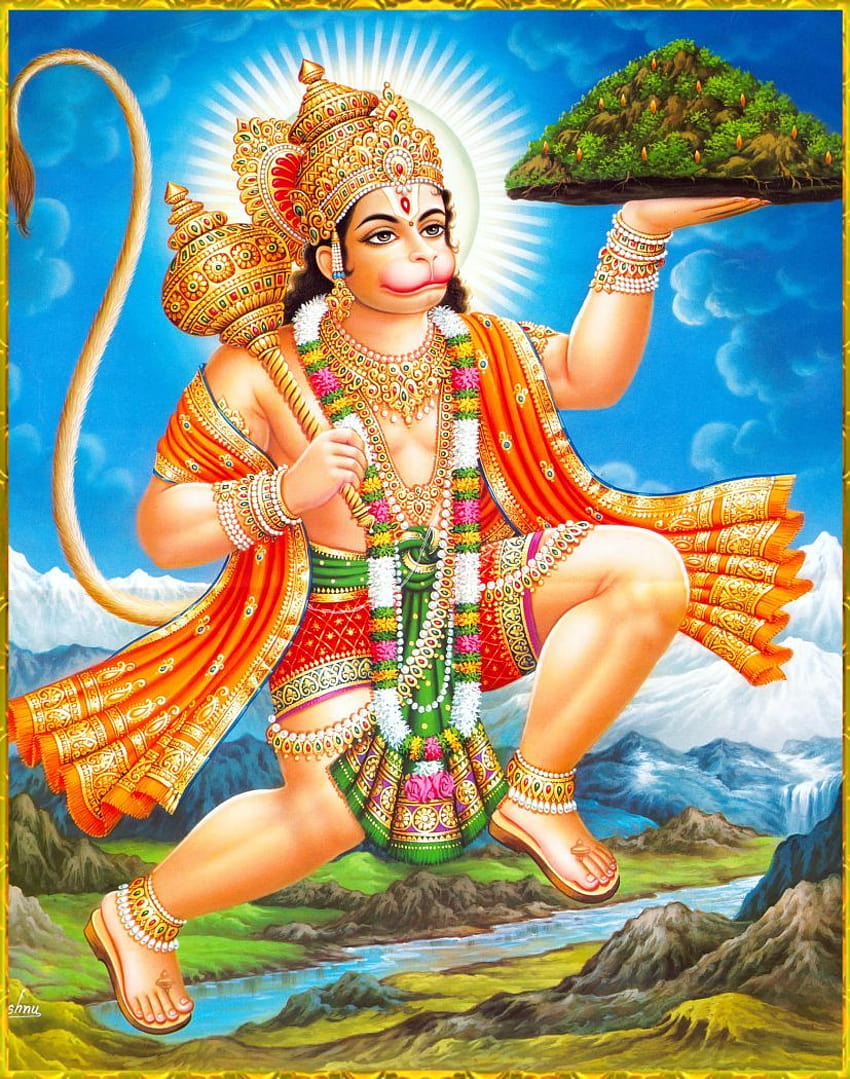 Hanuman flying through the air with the mountain in his hand ...