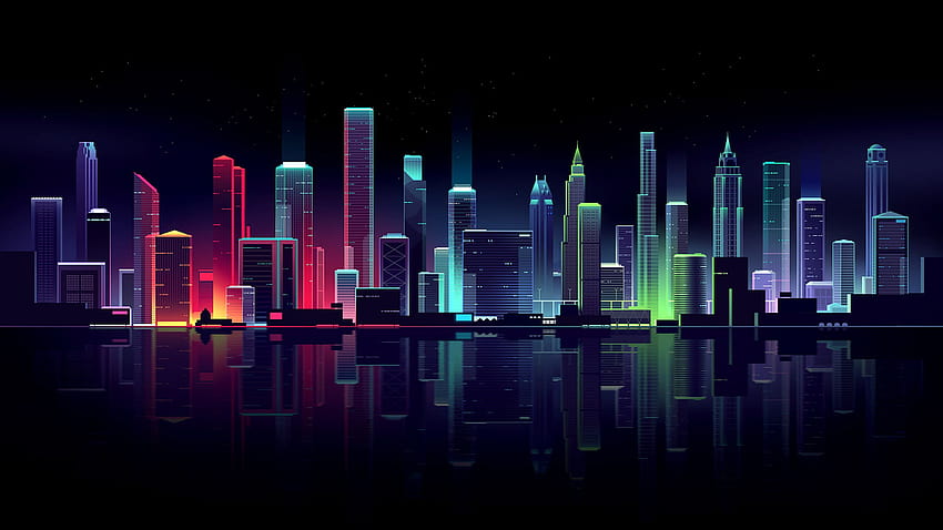 Romain Trystram, budynek, światła, ilustracja, pejzaż miejski, anime futurystyczny miejski neon Tapeta HD