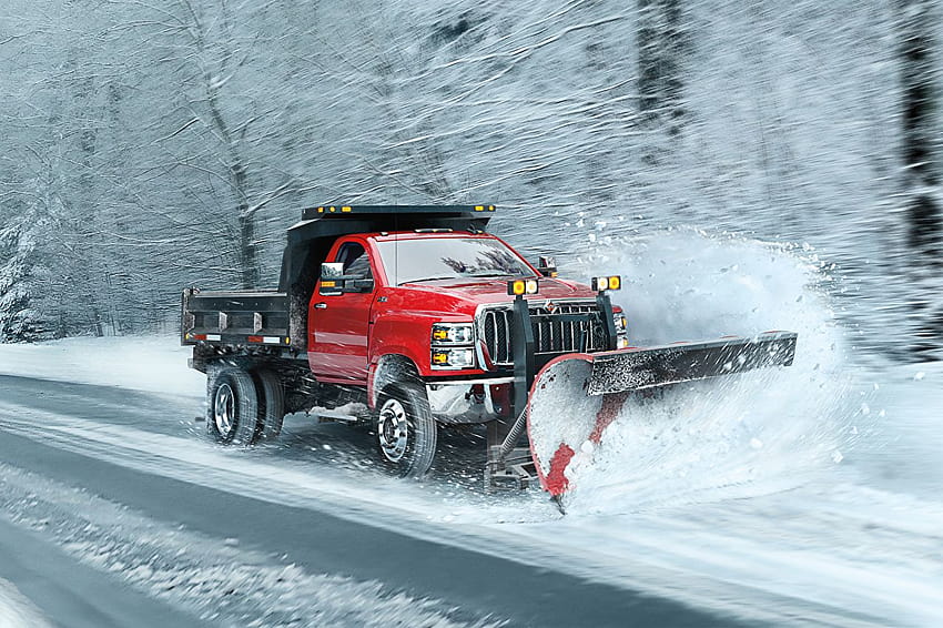 Trucks International 2018 CV Day Cab Snow Plow, red truck winter HD wallpaper