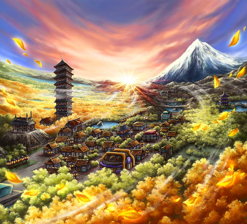 Johto の Ecruteak City、HartGold および SoulSilver、pokemon gold の Harada Midori によるアートワーク 高画質の壁紙