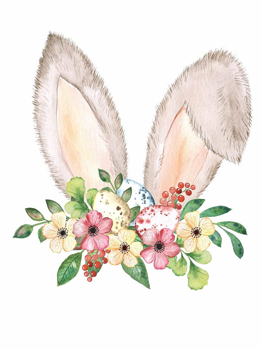 水彩のイースターのウサギの耳。 イースターエッグ、春の花。 春のクリップアート。 イースターのクリップアート、イースター春の水彩画 HD電話の壁紙