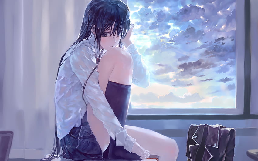 Nasses langes Haar, Anime-Mädchen, Schuluniform, Hintergrund, Qb2xks, Anime mit Schuluniform HD-Hintergrundbild