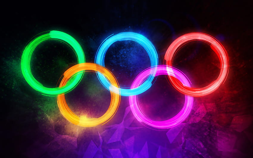 Олимпийски пръстени, цветни неонови пръстени, произведения на изкуството, творчески, олимпийски символи, неонови олимпийски пръстени с резолюция 1920x1200. Висококачествени цветни неонови кръгове HD тапет