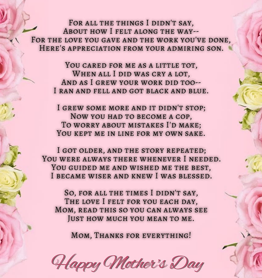 Poema del día de la madre feliz del hijo, día de la madre 2021 fondo de pantalla del teléfono
