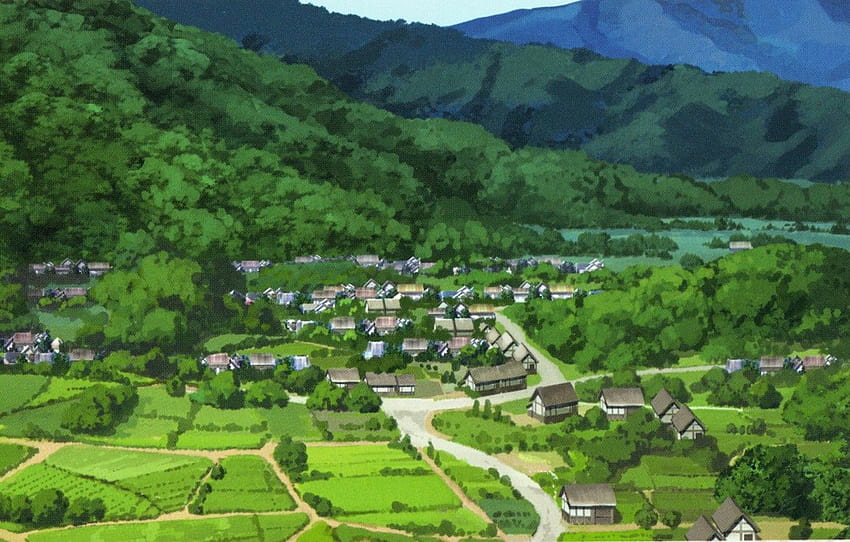 夏、野原、道、日本、谷、村、芸術、緑、日本の夏 高画質の壁紙