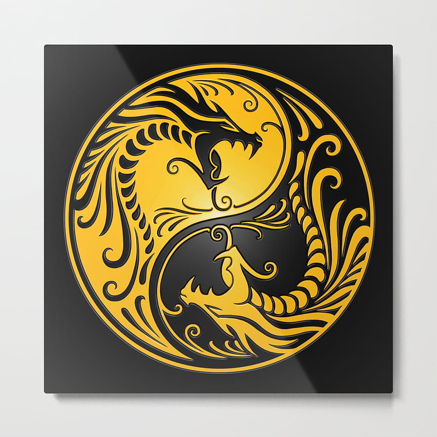 Yellow and Black Yin Yang Dragons Metal Print by Jeff Bartels, black and gold yin and yang HD phone wallpaper