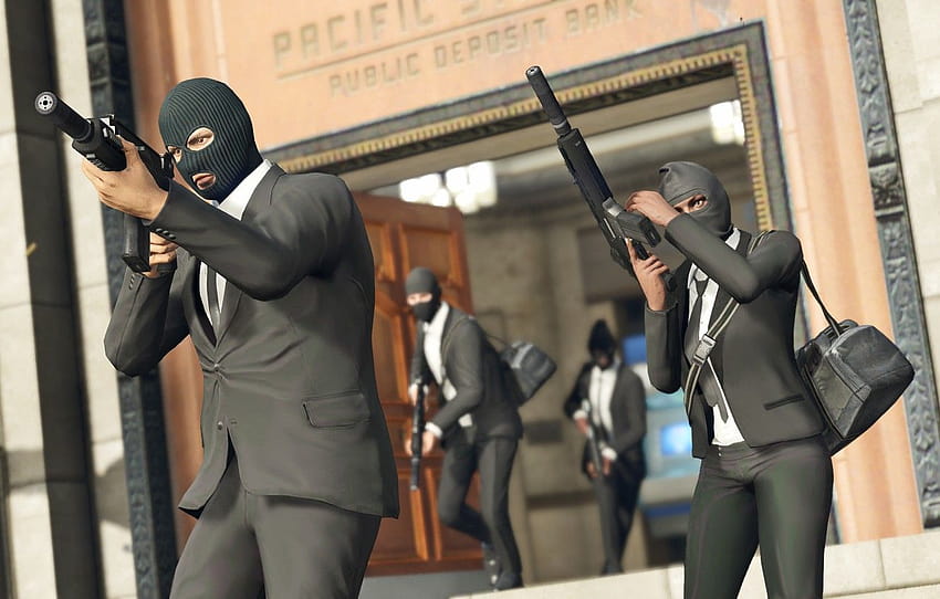 อาวุธ ผู้คน โจร หน้ากาก กระเป๋า ปล้น GTA Rockstar จอมโจร Grand Theft Auto V GTA V GTA 5 Grand Theft Auto 5 The Saints หมวก gta ออนไลน์ ส่วน คนออนไลน์ gta วอลล์เปเปอร์ HD