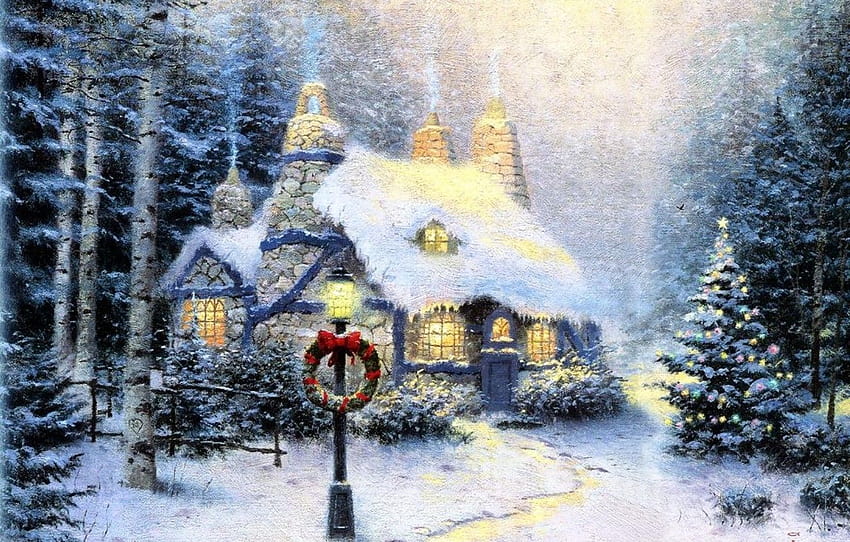 пейзаж, зима, прозорци, Коледа, украса, гирлянд, , къщичка, бреза, дърво, венец, камък, Томас Кинкейд, Коледа, Stonehearth Hutch , раздел живопись, коледни картини в къщи HD тапет