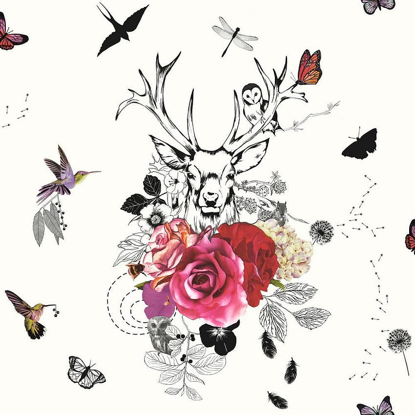 Arthouse Spellbound White Multi, deer antlers with flowers HD phone wallpaper