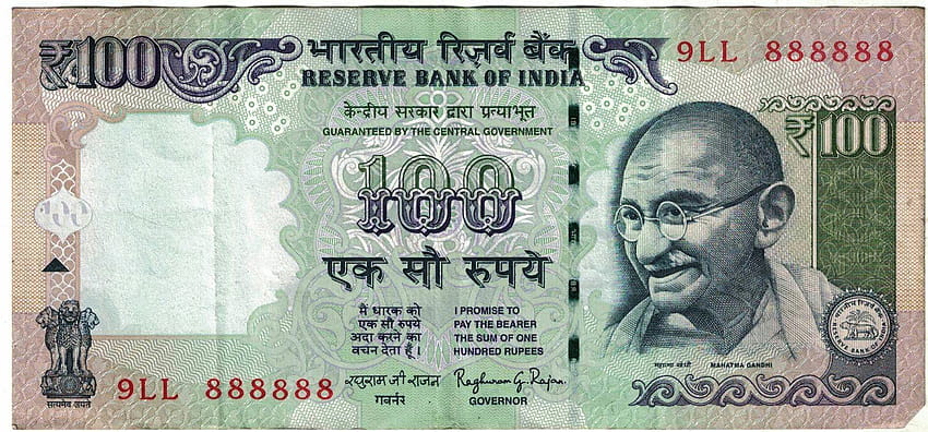 Valuta indiana Rs. Banconota da 100 con numero di serie univoco: 9LL 888888, rupie indiane Sfondo HD