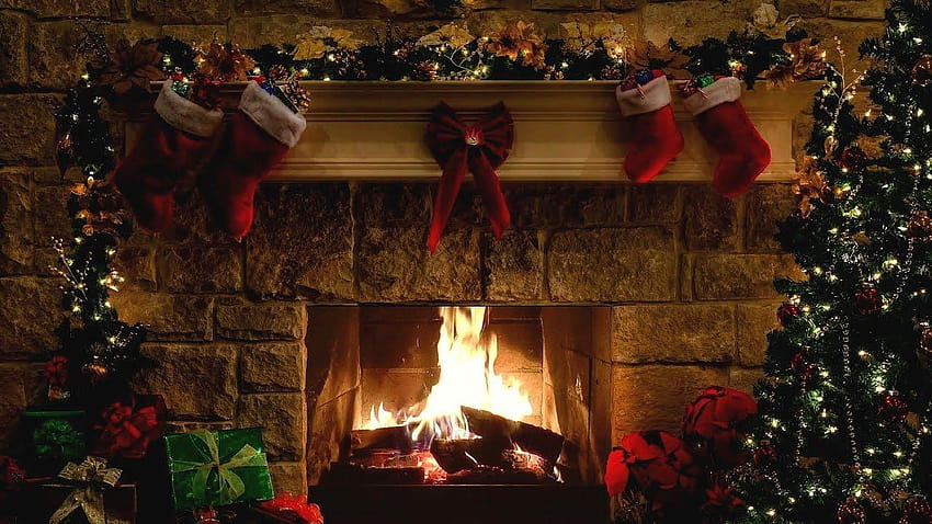 Cena de lareira de Natal com sons de fogo crepitante, lareira aberta de natal papel de parede HD