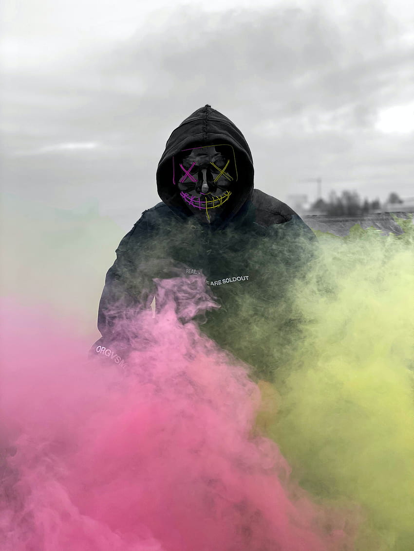 stock of 3d neon hacker mask, anonymous, color smoke bombs, hacker neon HD phone wallpaper
