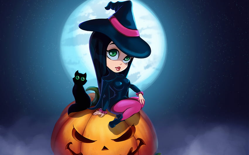 2560x1600 cute witch and kitten, halloween, art, dual wide, 16:10, , 2560x1600 , background, 22898, halloween 2560x1600 HD wallpaper