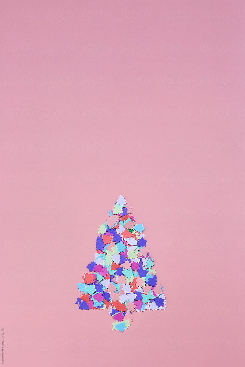 Confetti cut in a shape of a Christmas tree making a bigger Christmas tree on a pink backgrounds by Jovana Milanko, christmas tree pink HD phone wallpaper