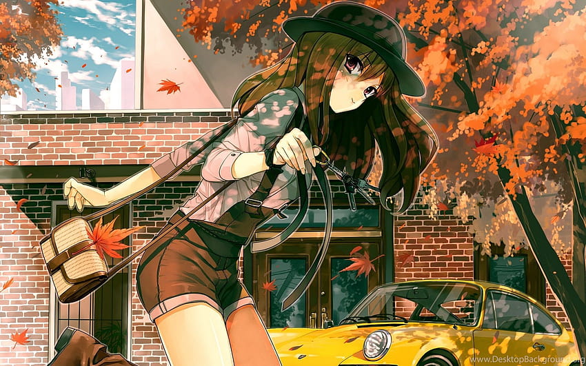 Есенно момиче аниме Жълта кола дърво слънчева светлина фонове, есенно кафяво аниме HD тапет