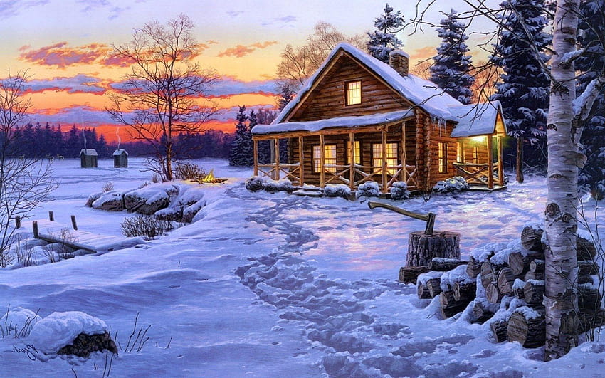 Log Cabin Landscape, romantic cottage HD wallpaper