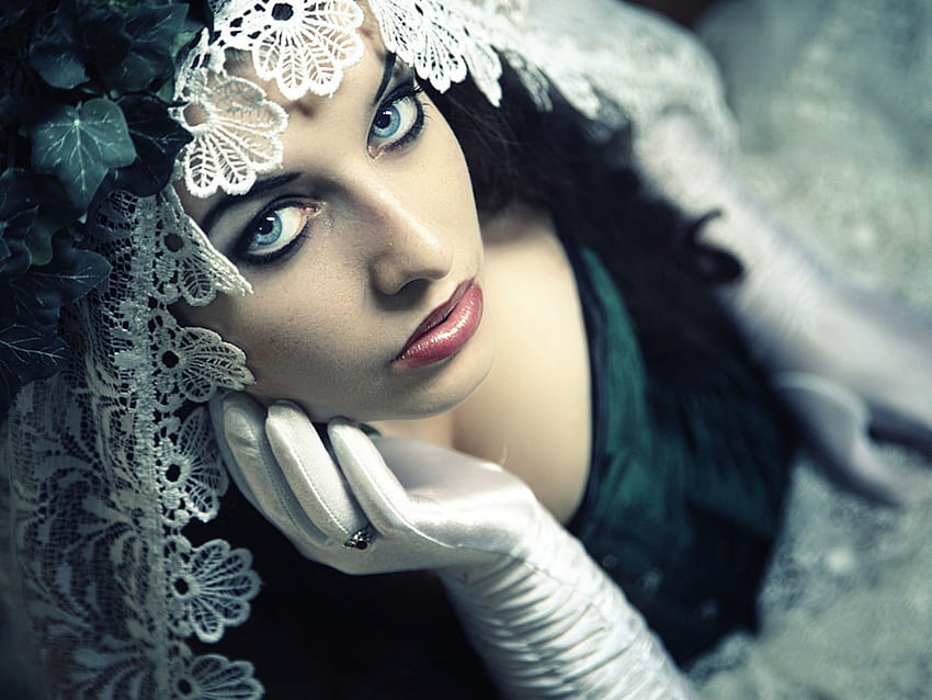 brunettes, women, gloves, blue eyes, corset ::, women gloves HD wallpaper