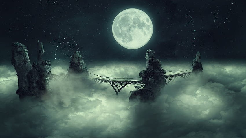 Full moon , Dark Sky, Clouds, Bridge, Starry sky, Surreal, Fantasy, moon anime HD wallpaper