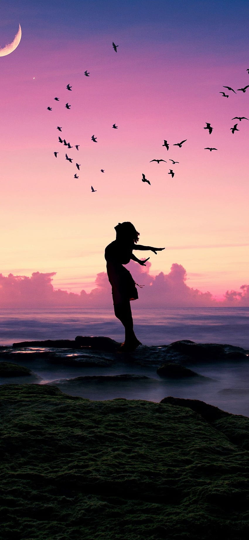 Girl, pose, birds, sea, moon, dusk, silhouette 3840x2160 U , women shilouette HD phone wallpaper