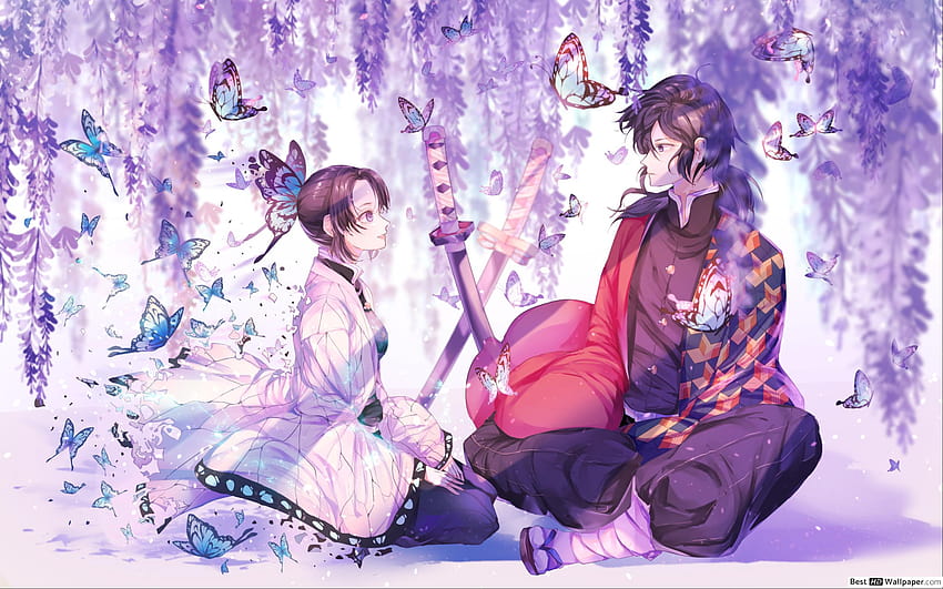 Shinobu e Giyu de Hashira com fundos roxos de glicínias e borboletas, glicínias matadoras de demônios papel de parede HD