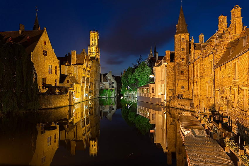 Belgium Bruges Canal Night Cities Houses HD wallpaper