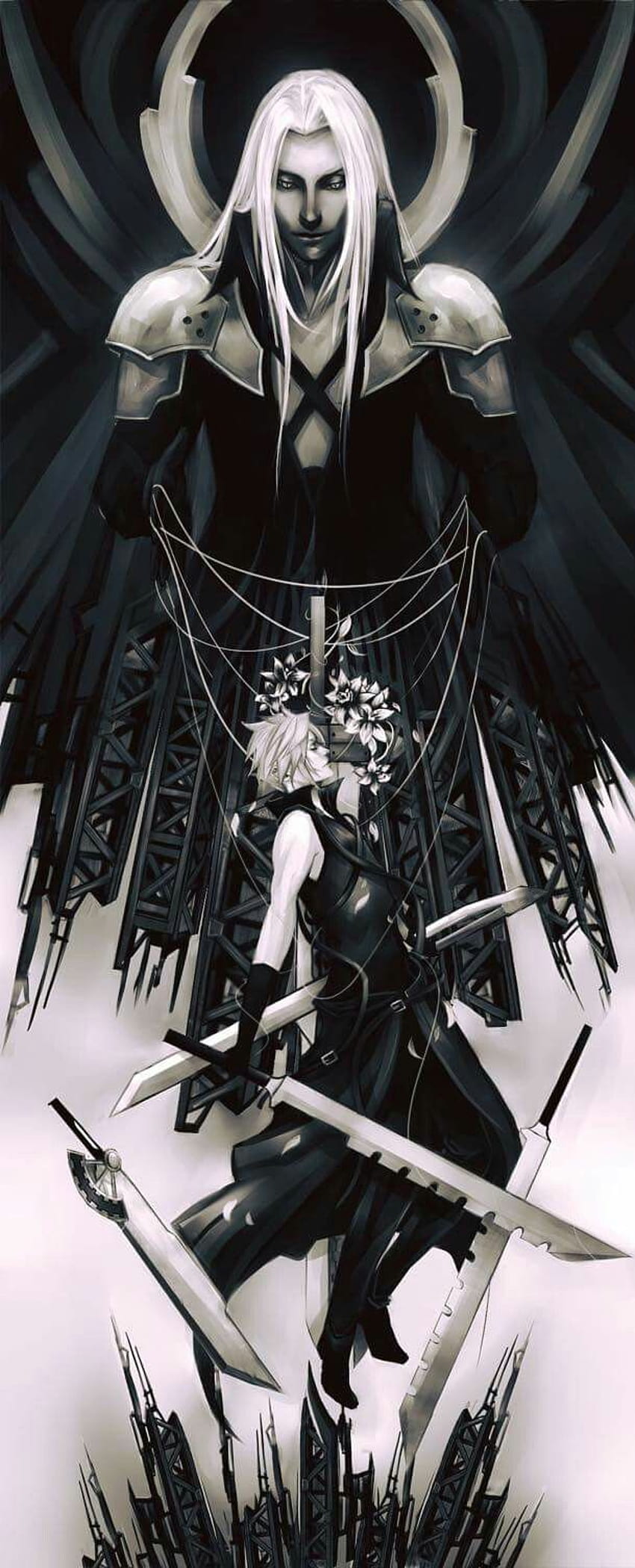 Sephiroth y Cloud, Final Fantasy VII, teléfono ff7 negro fondo de pantalla del teléfono