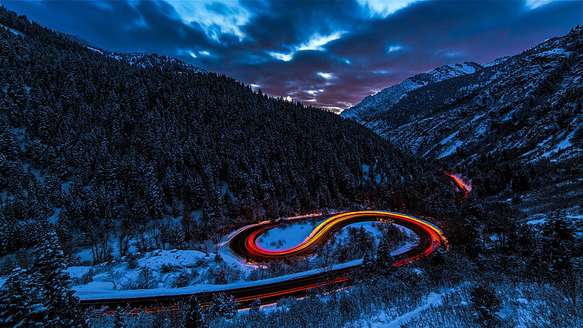 Светлини с дълга експозиция Път Гора Сняг, хладно дълго излагане HD тапет