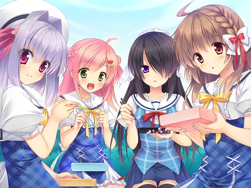 : asahina mai, Game CG, hazuki mikuri, pled, saejima mo, dziewczyny, jedzenie, pałeczki 1500x1125, cztery dziewczyny Tapeta HD
