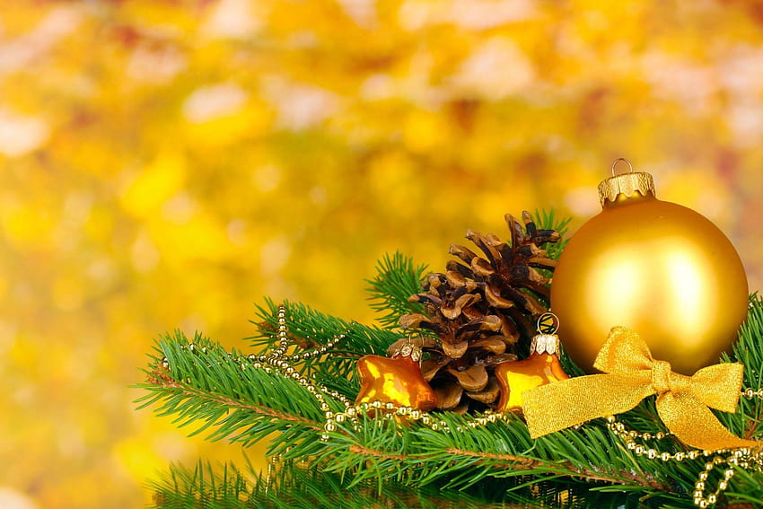 Yellow Christmas Balls High Quality, yellow xmas HD wallpaper