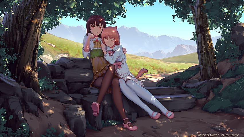 Anime Anime Girls Oryginalne postacie Las Góry Niebo Krótkie włosy Czarne rajstopy Czerwone oczy z bliska Tapeta HD