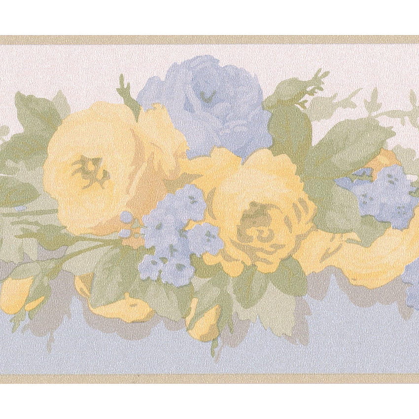 Gelbe blaue blühende Rosen-Blumenbordüre Retro-Design, Rolle 15' x 5'', Blumenbordüre HD-Handy-Hintergrundbild
