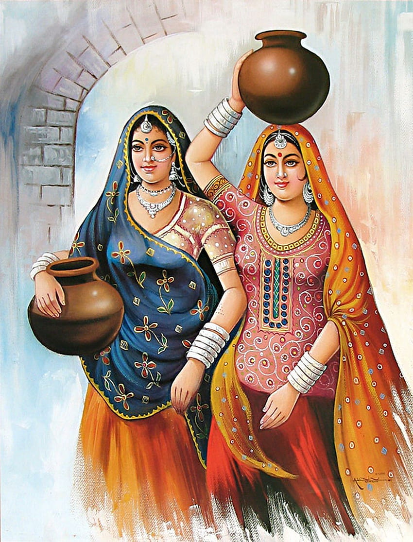Indian colour paintings, indian women oil painting HD phone wallpaper