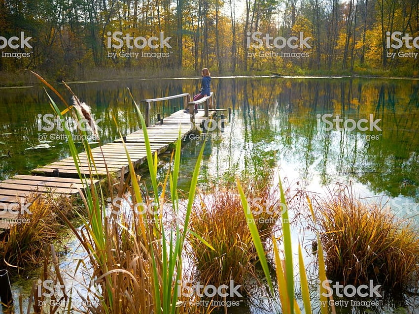 One Girl Sitting On Wooden Old Pier Stock, magic on the old marsh HD wallpaper