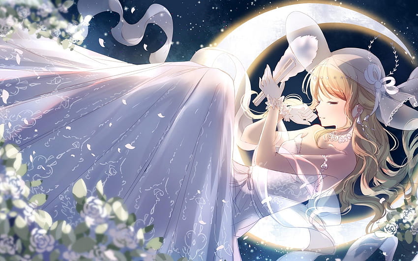 2560x1600 Anime Girl, Wedding Dress, Moon, Blonde, anime girl wedding HD wallpaper
