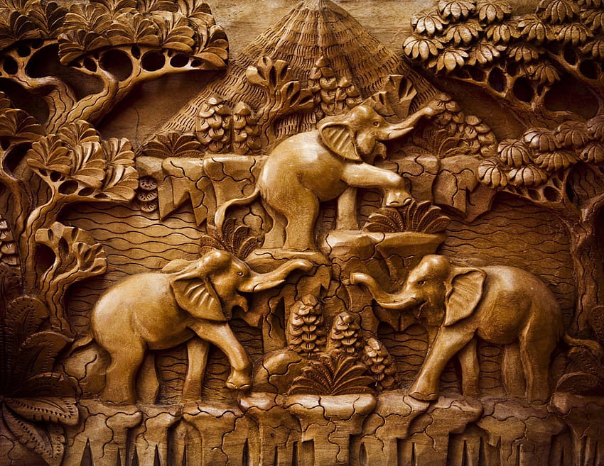 3D Elefantes tallados en madera 427 Mural para puerta de garaje fondo de pantalla