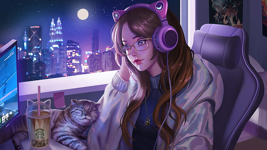 Anime Girl Lofi Cat PC, 애니메이션 소녀 보라색 HD 월페이퍼