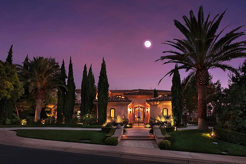 USA Fair Harbor Moon Palms Mansion Lawn Night Cities Houses, rich houses HD wallpaper