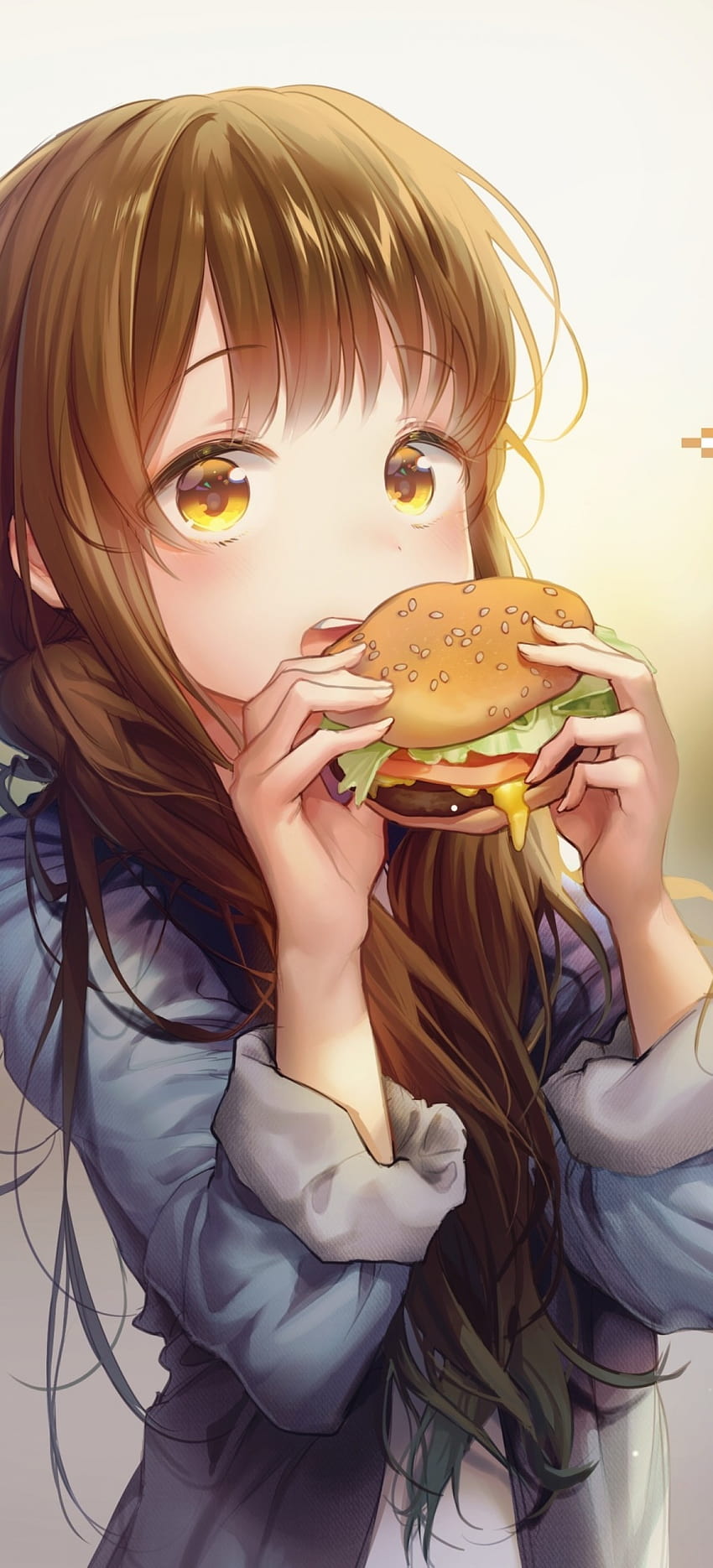 1200x2640 Dziewczyna Anime, Hamburger, Jedzenie, Moe, Brązowe włosy, Fast Food, Słodkie dla Huawei P40 Pro, jedzenie Tapeta na telefon HD